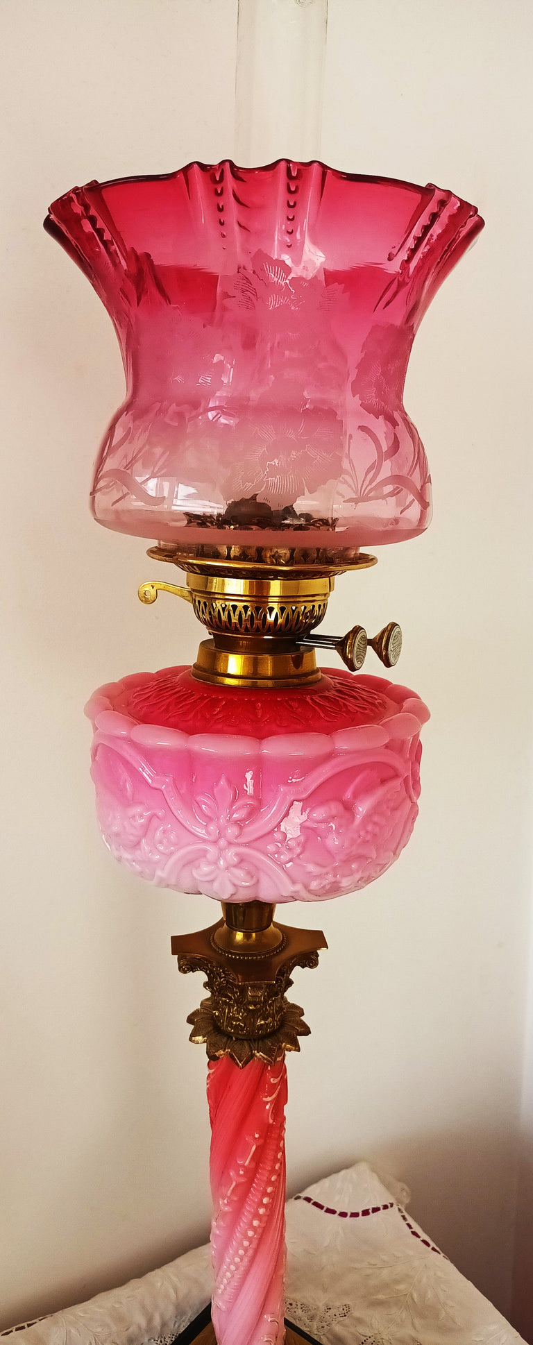 Antique English Victorian Glass Column Oil Lamp