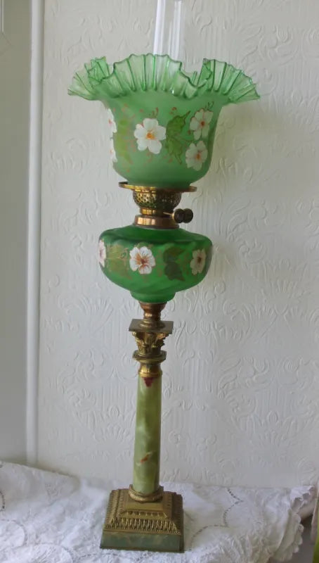 Antique English Victorian Green Onyx Oil Lamp