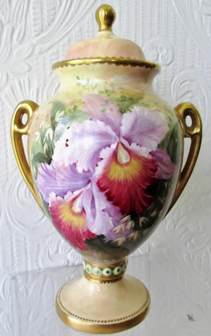 Porcelain Hand-Painted & Gilded Vase & Cover ~ "Orchids and Roses"