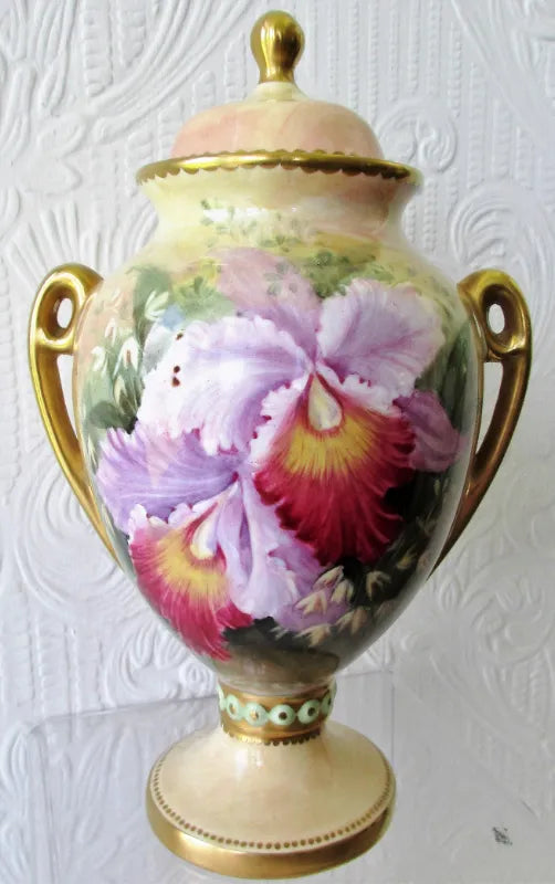 Porcelain Hand-Painted & Gilded Vase & Cover ~ 