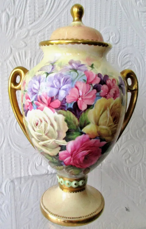 Porcelain Hand-Painted & Gilded Vase & Cover ~ 