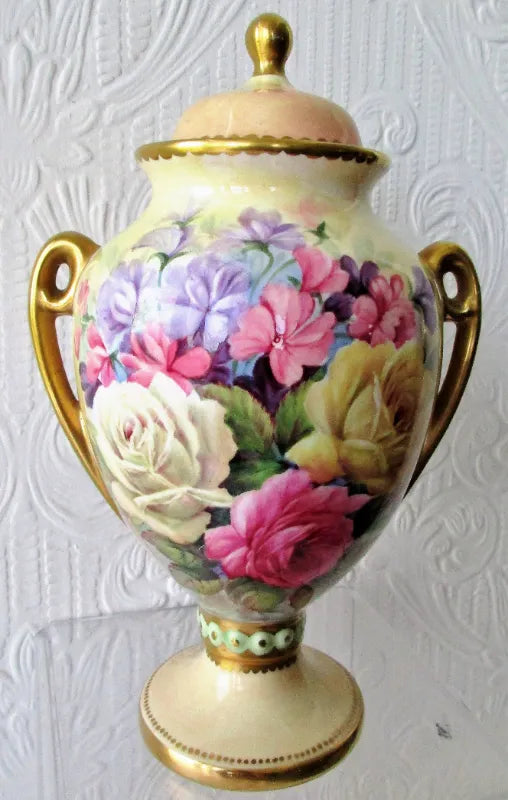 Porcelain Hand-Painted & Gilded Vase & Cover ~ 