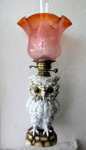 Antique German Victorian "Sitzendorf" Porcelain "Owl" Oil Lamp