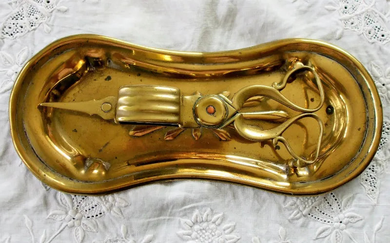Pair of Victorian Art Nouveau Brass Candle Snuffers with Tray