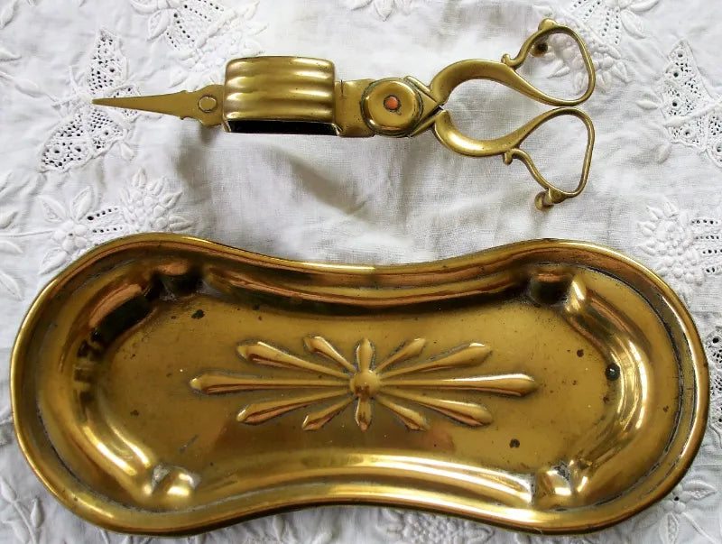 Pair of Victorian Art Nouveau Brass Candle Snuffers with Tray