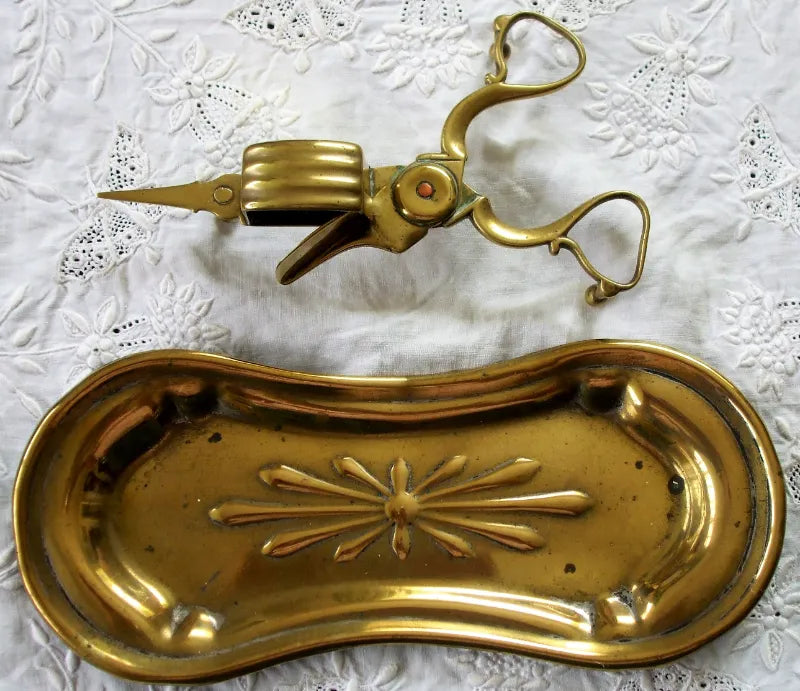 Pair of Victorian Art Nouveau Brass Candle Snuffers with Tray