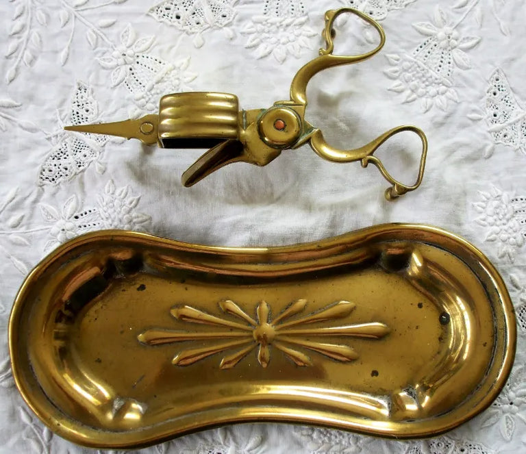 Pair of Victorian Art Nouveau Brass Candle Snuffers with Tray