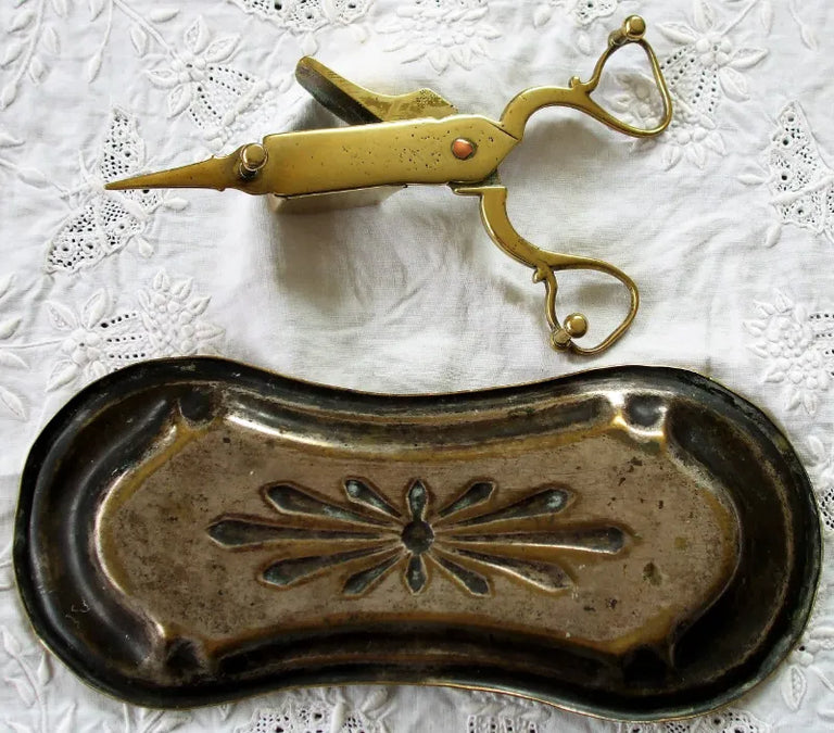 Pair of Victorian Art Nouveau Brass Candle Snuffers with Tray