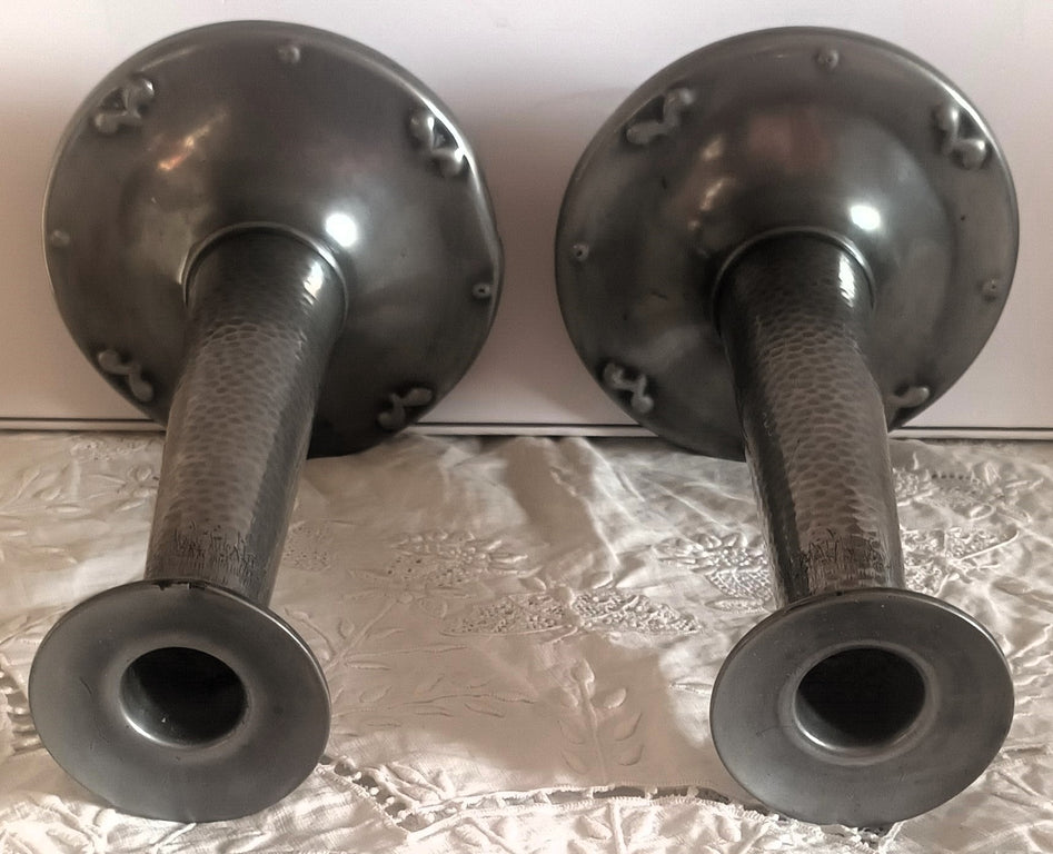 Pair Arts and Crafts Pewter Candlesticks 1n