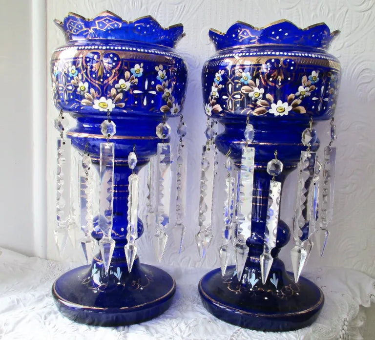 Pair of Antique English Victorian Blue Glass Lustres