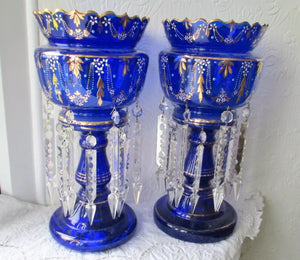 Pair of Antique English Victorian Blue Glass Lustres