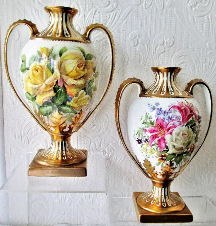 Pair of Porcelain Botanical Hand-Painted & Gilded Vases