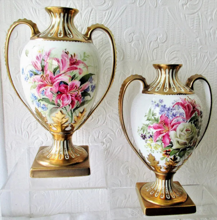 Pair of Porcelain Botanical Hand-Painted & Gilded Vases