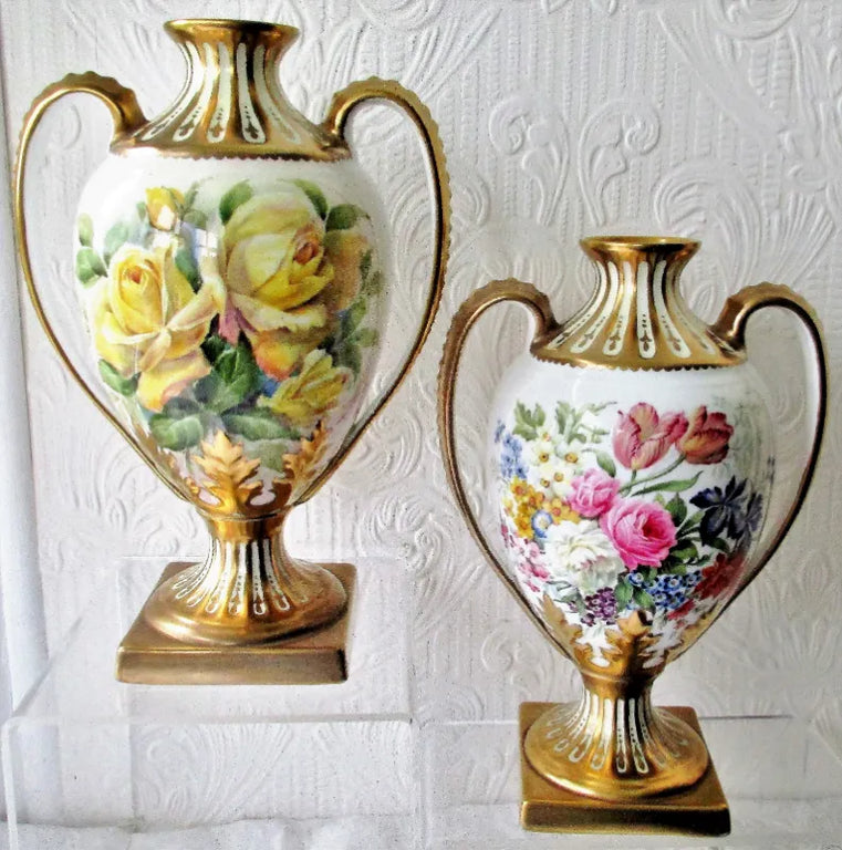 Pair of Porcelain Botanical Hand-Painted & Gilded Vases