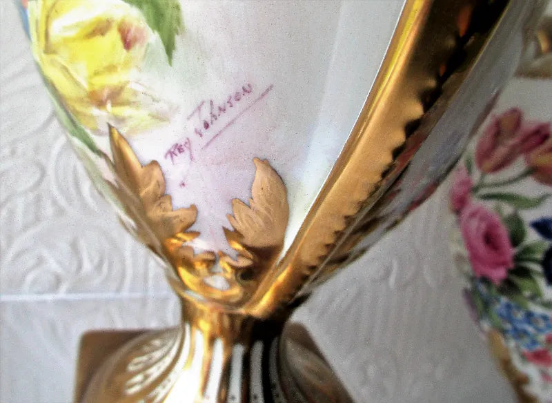Pair of Porcelain Botanical Hand-Painted & Gilded Vases