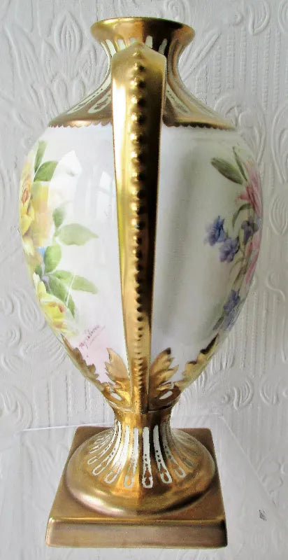 Pair of Porcelain Botanical Hand-Painted & Gilded Vases