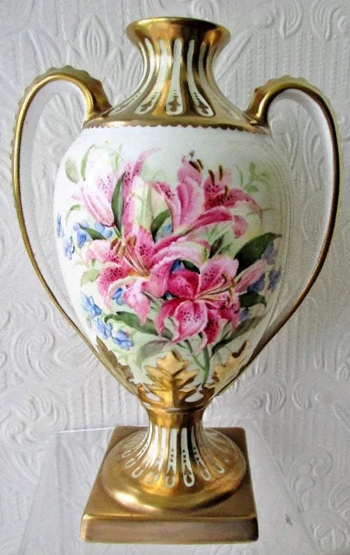 Pair of Porcelain Botanical Hand-Painted & Gilded Vases