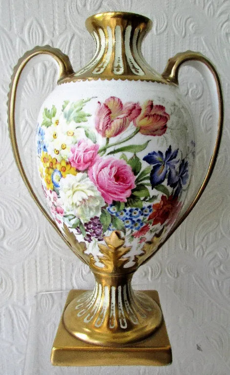 Pair of Porcelain Botanical Hand-Painted & Gilded Vases