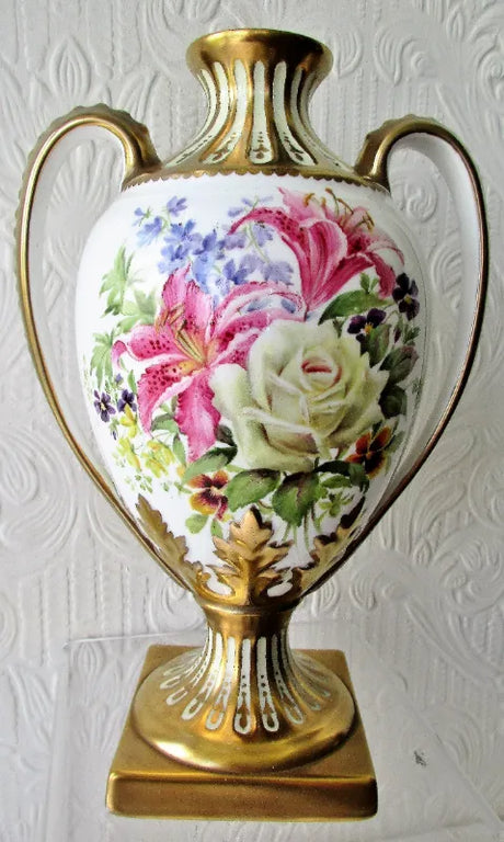 Pair of Porcelain Botanical Hand-Painted & Gilded Vases