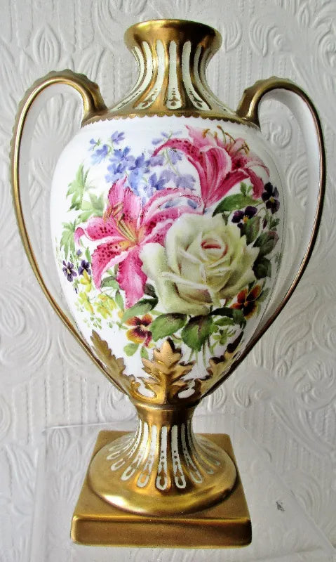 Pair of Porcelain Botanical Hand-Painted & Gilded Vases