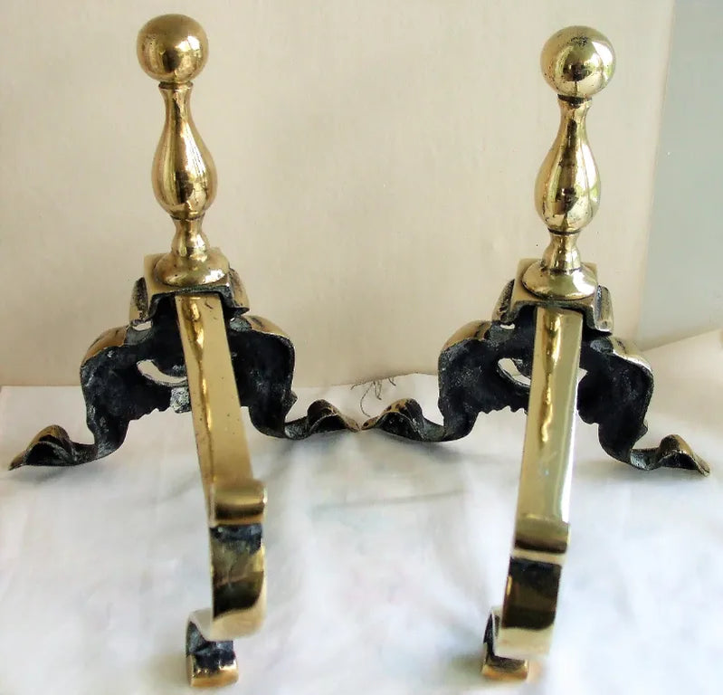 Pair of Antique English Victorian Brass Andirons