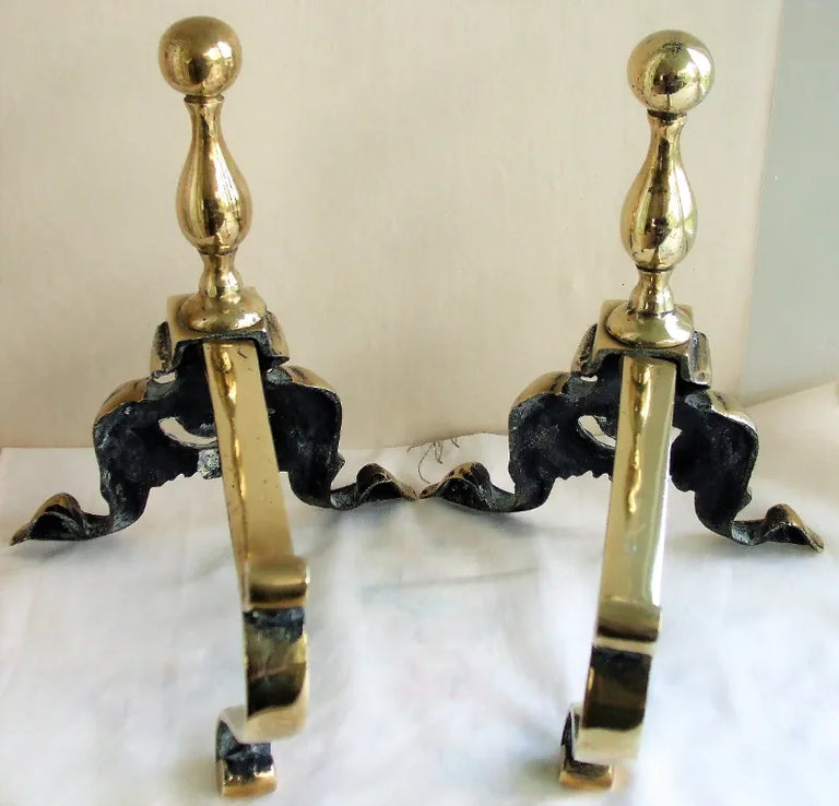 Pair of Antique English Victorian Brass Andirons
