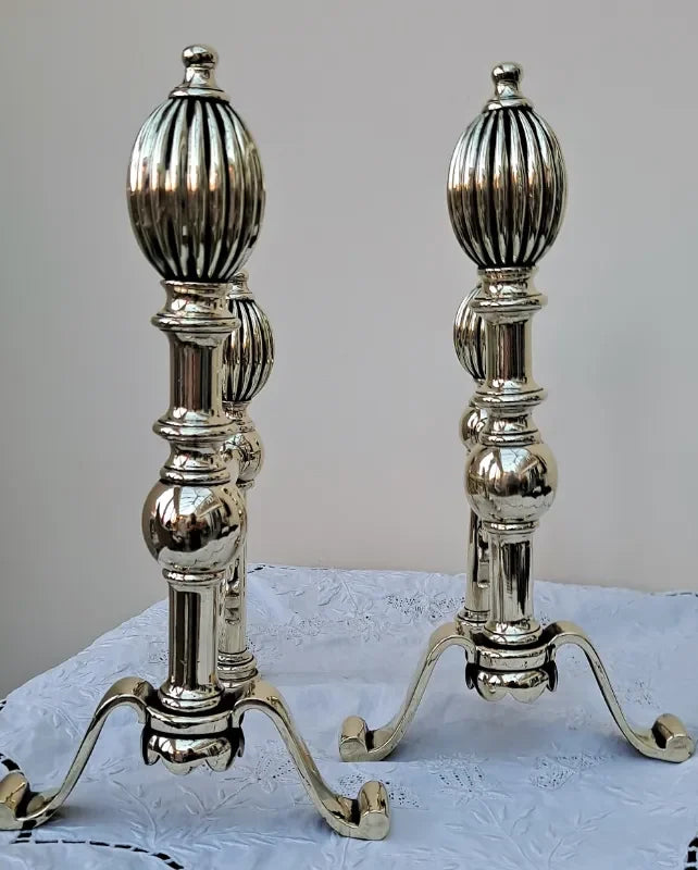 Pair of Antique English Victorian Brass Andirons