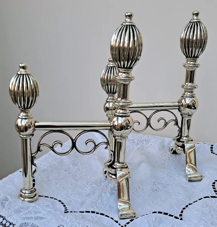 Pair of Antique English Victorian Brass Andirons