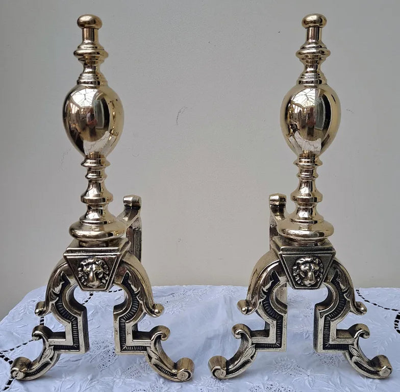 Pair of Antique English Victorian Brass Andirons