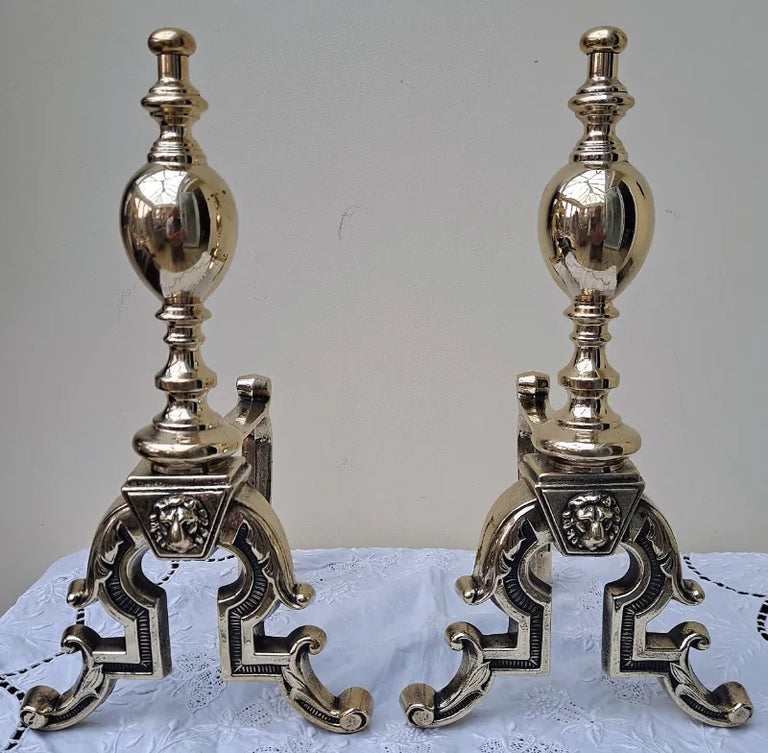 Pair of Antique English Victorian Brass Andirons