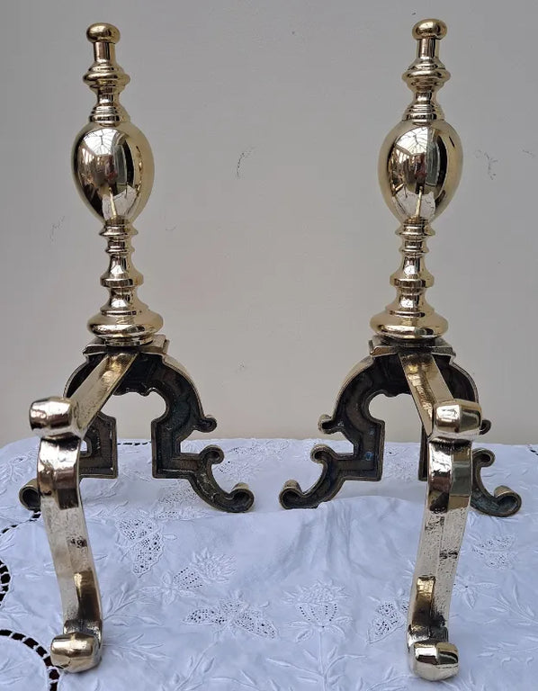 Pair of Antique English Victorian Brass Andirons