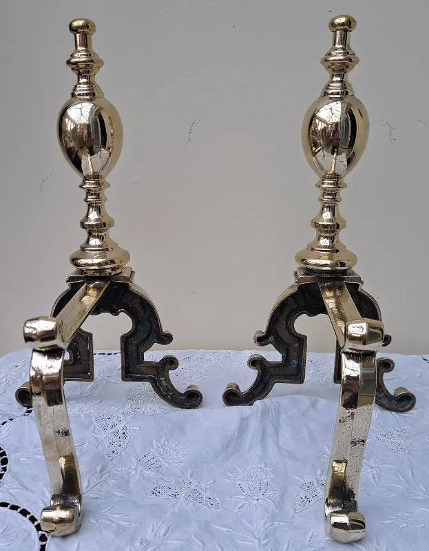 Pair of Antique English Victorian Brass Andirons
