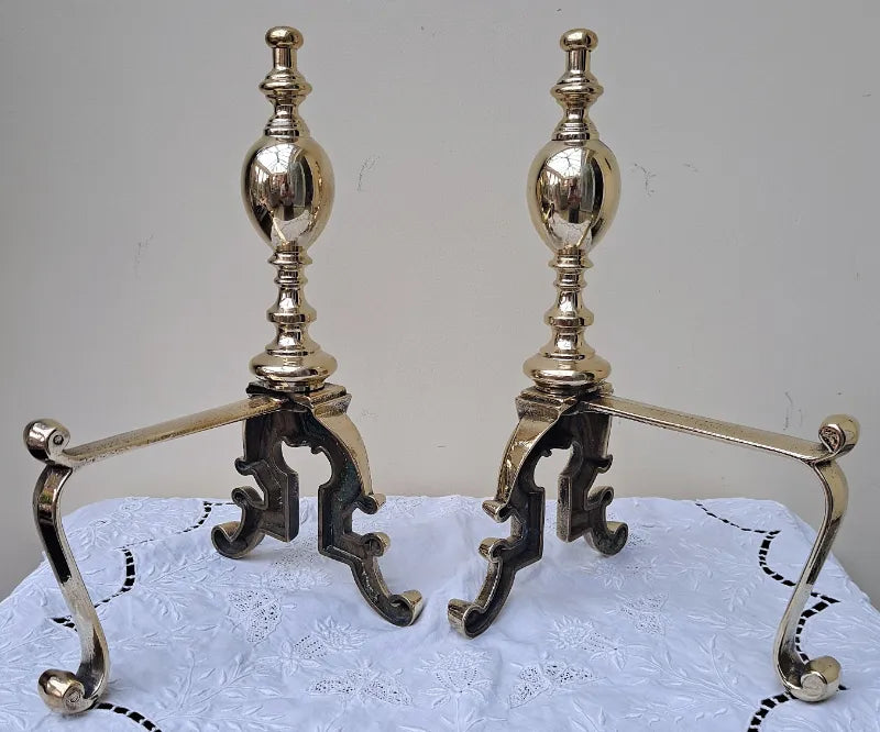 Pair of Antique English Victorian Brass Andirons