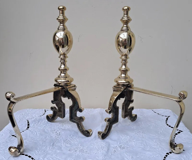 Pair of Antique English Victorian Brass Andirons