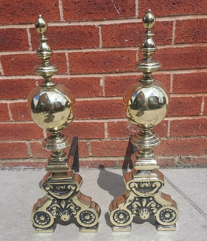 Pair of Victorian Brass and Wrought Iron Andirons