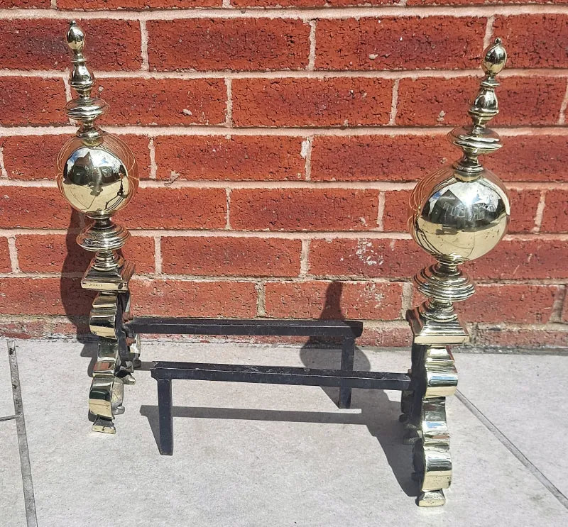 Pair of Victorian Brass and Wrought Iron Andirons