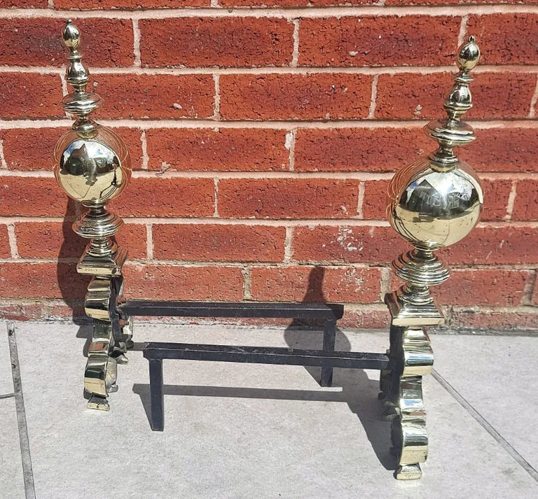 Pair of Victorian Brass and Wrought Iron Andirons