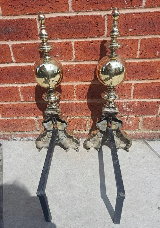Pair of Victorian Brass and Wrought Iron Andirons