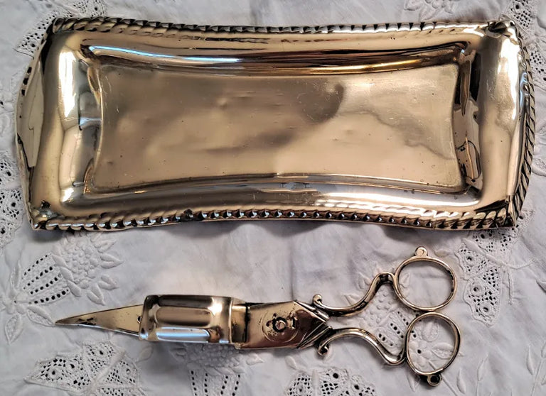 Pair of Antique English Georgian Brass Candle Snuffers and Tray