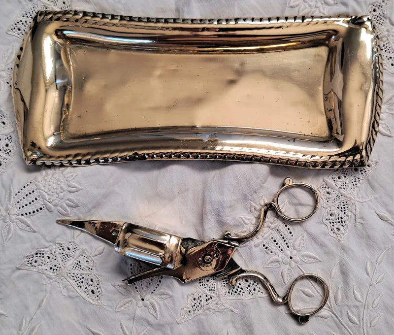 Pair of Antique English Georgian Brass Candle Snuffers and Tray