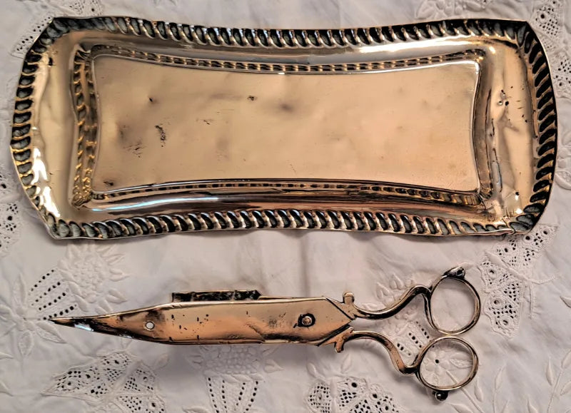 Pair of Antique English Georgian Brass Candle Snuffers and Tray