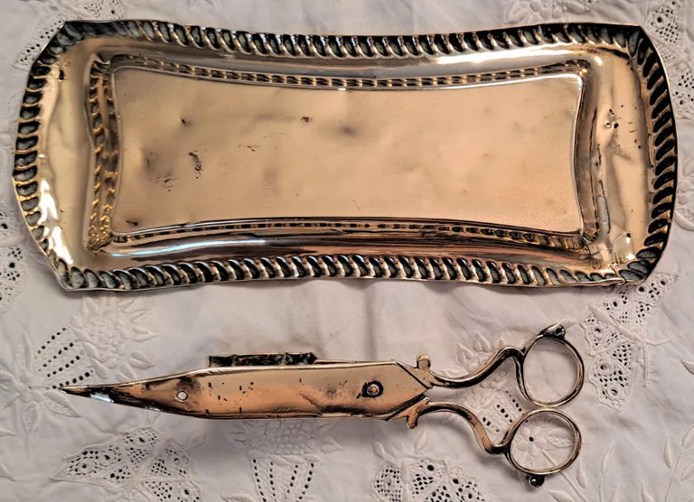 Pair of Antique English Georgian Brass Candle Snuffers and Tray