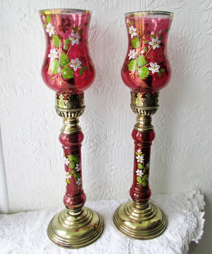 Pair of Antique English Victorian Brass & Glass Candle-lamps