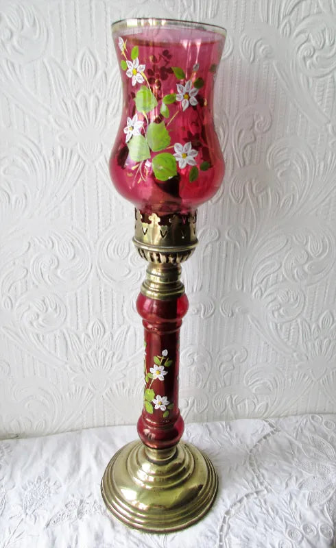 Pair of Antique English Victorian Brass & Glass Candle-lamps