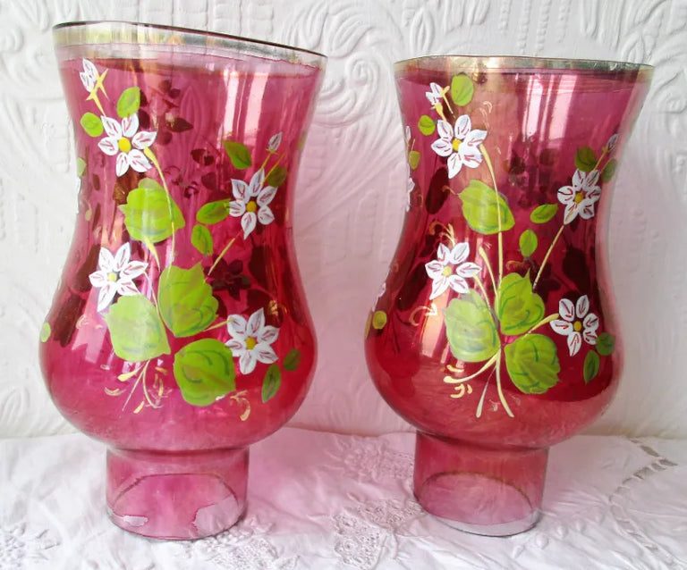 Pair of Antique English Victorian Brass & Glass Candle-lamps