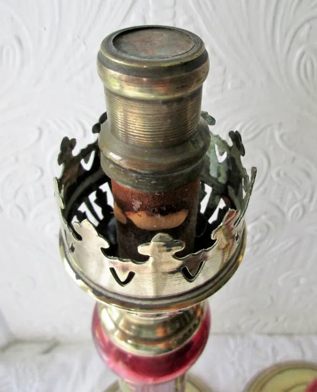 Pair of Antique English Victorian Brass & Glass Candle-lamps