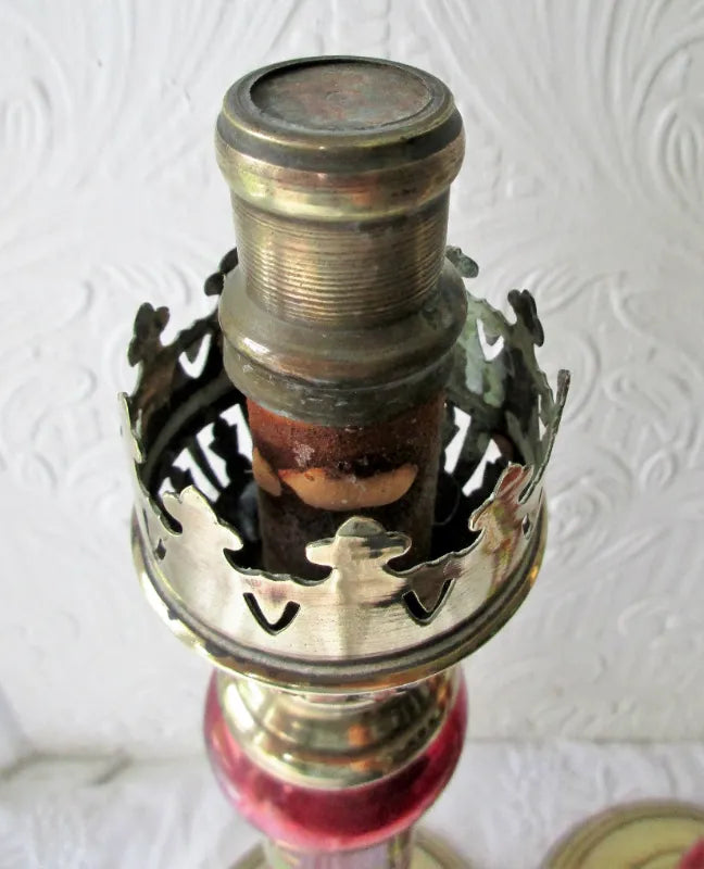 Pair of Antique English Victorian Brass & Glass Candle-lamps