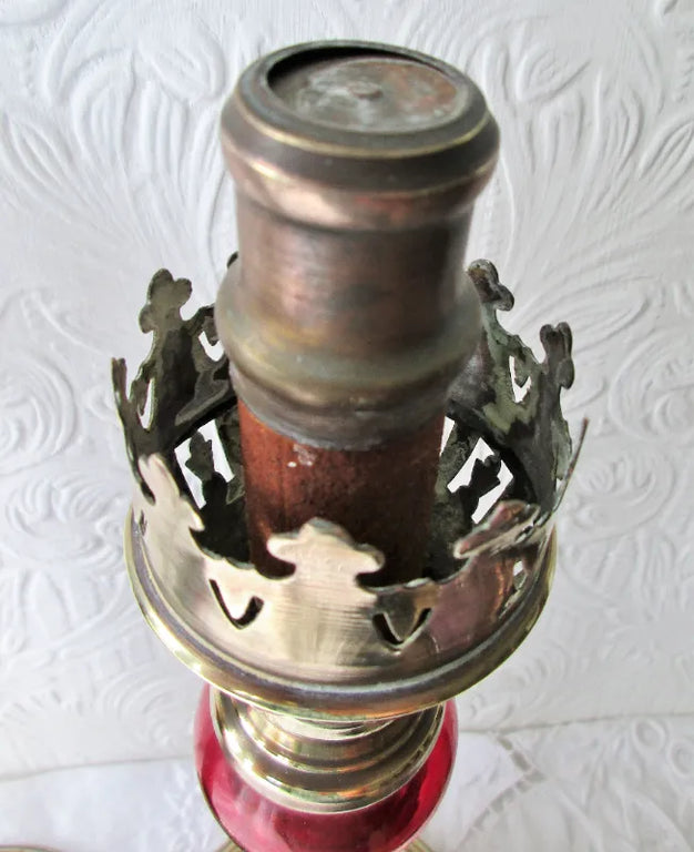 Pair of Antique English Victorian Brass & Glass Candle-lamps