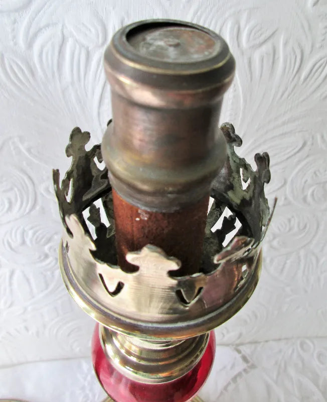 Pair of Antique English Victorian Brass & Glass Candle-lamps