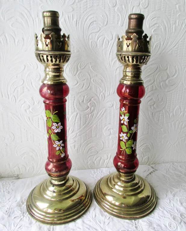 Pair of Antique English Victorian Brass & Glass Candle-lamps